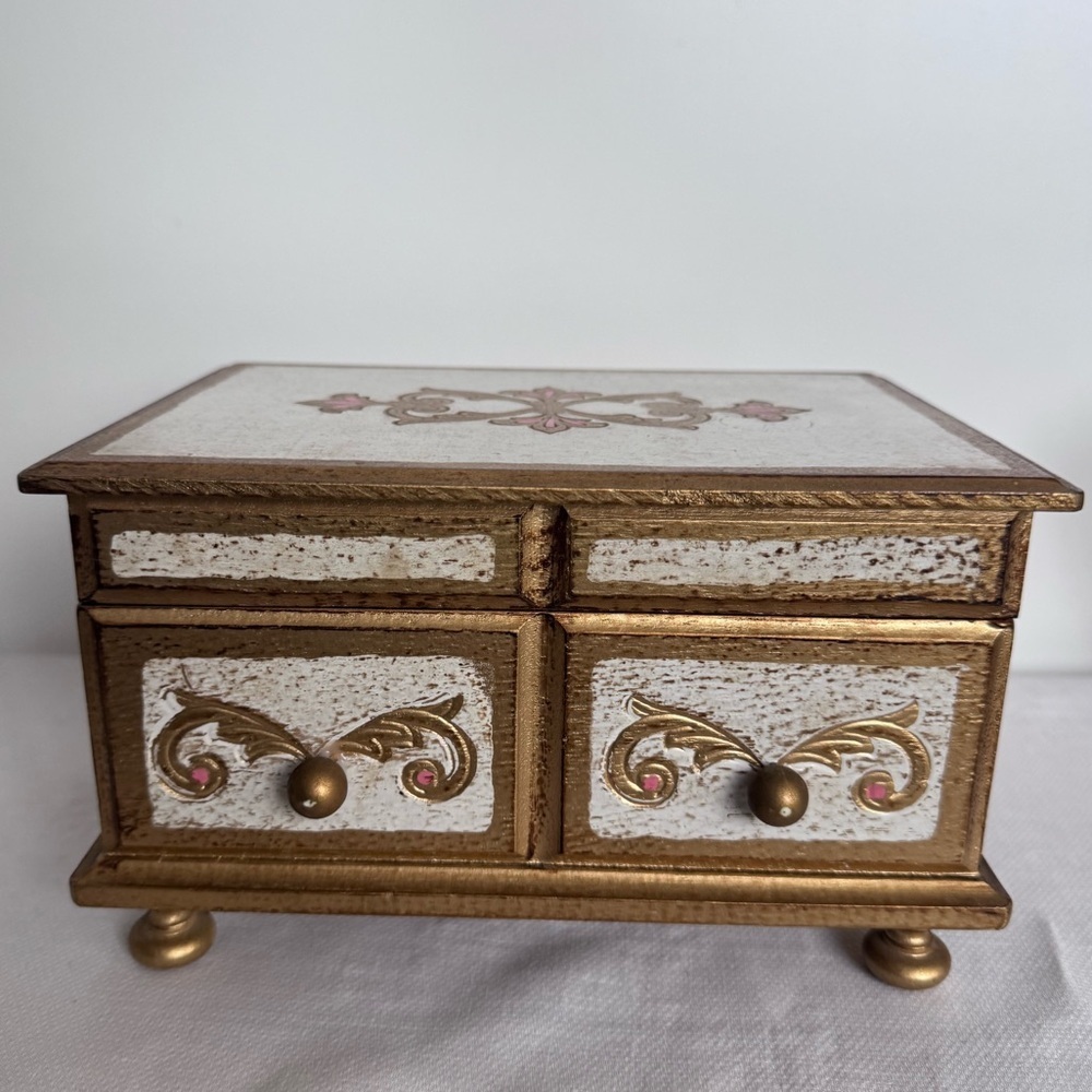 Vintage Musical Wooden Florentine Style Jewelry Box Drawer Wind Up